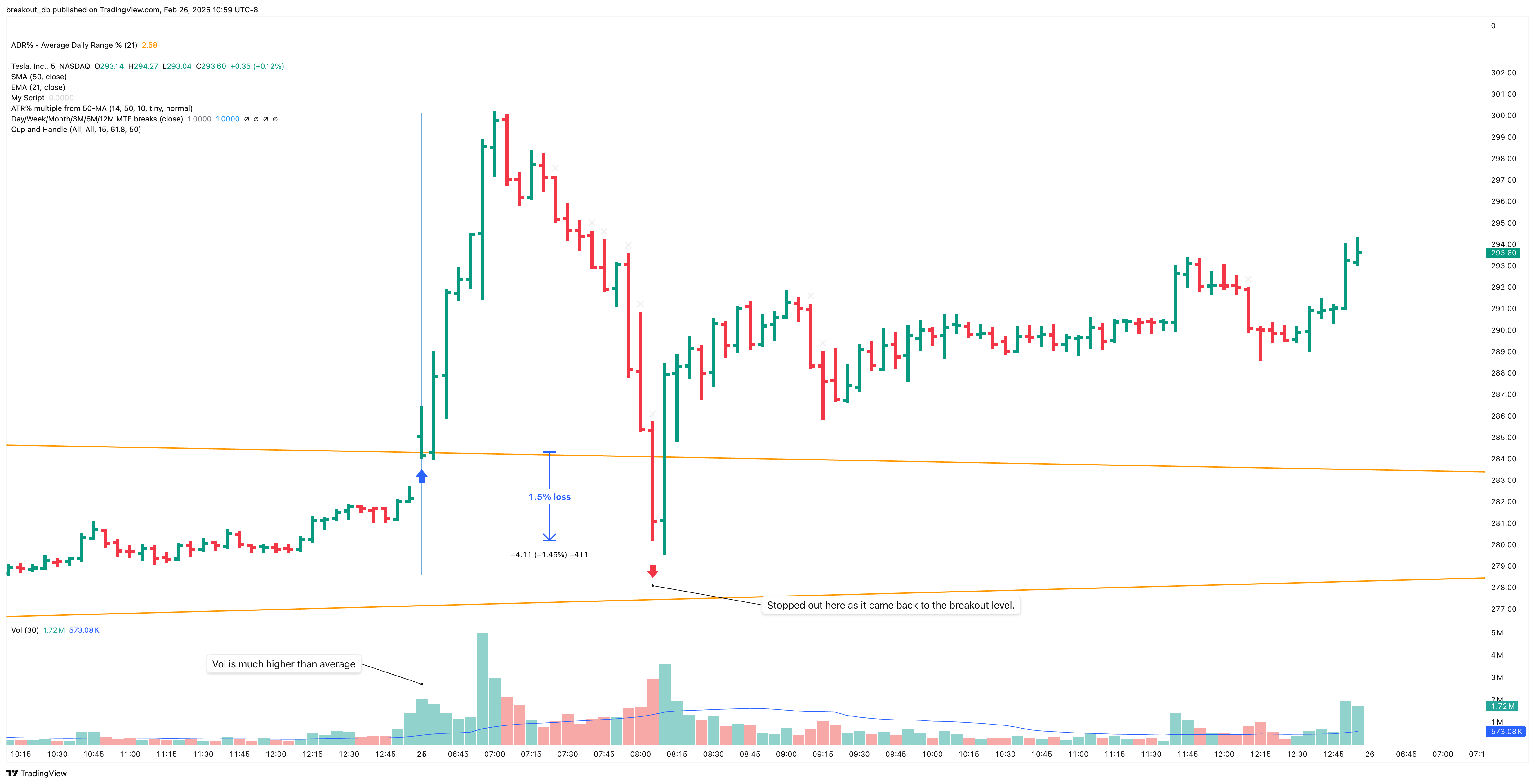 TSLA - High Tight Flag - 2021-01-25 intraday entry